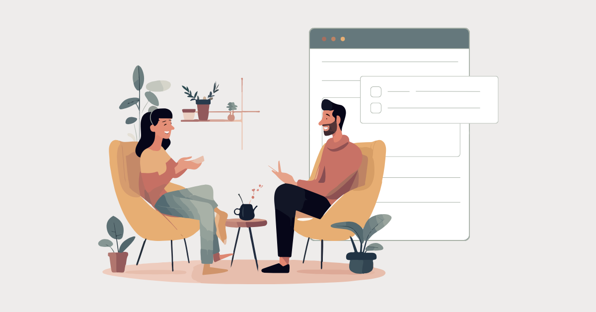 Illustration of a coach and client discussing assessments in coaching for client acquisition