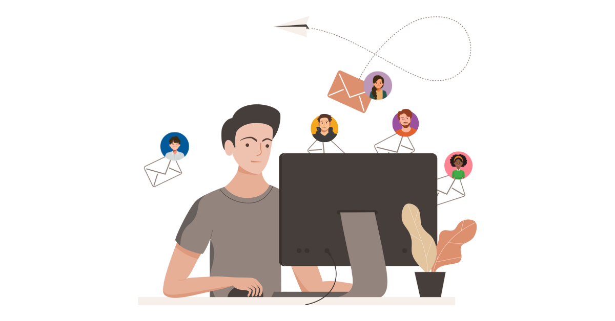 A coach using personalised emails to engage clients, with icons representing tailored communication and client relationships.