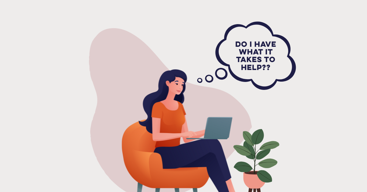 A woman sitting at a desk working on a laptop, with a thought bubble above her head that says, 'Do I have what it takes to help?' The image represents self-doubt and imposter syndrome, common challenges faced by life coaches.
