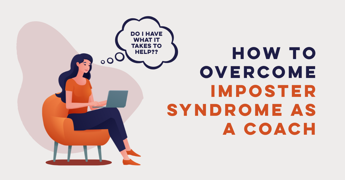 A woman sitting at a desk working on a laptop, with a thought bubble above her head that says, 'Do I have what it takes to help?' The image represents self-doubt and imposter syndrome, common challenges faced by life coaches.