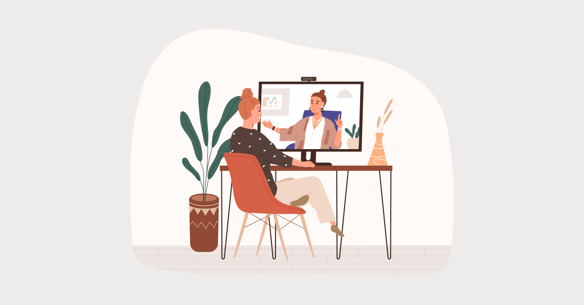 Illustration of a woman sitting at a desk, engaging in a virtual coaching session on her computer, symbolizing connection and trust in the coaching process.