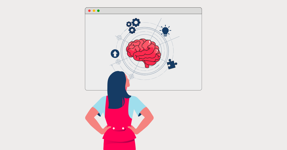 Illustration of a coach observing a digital brain surrounded by icons representing growth, learning, and problem-solving, symbolizing mental models and personal development.