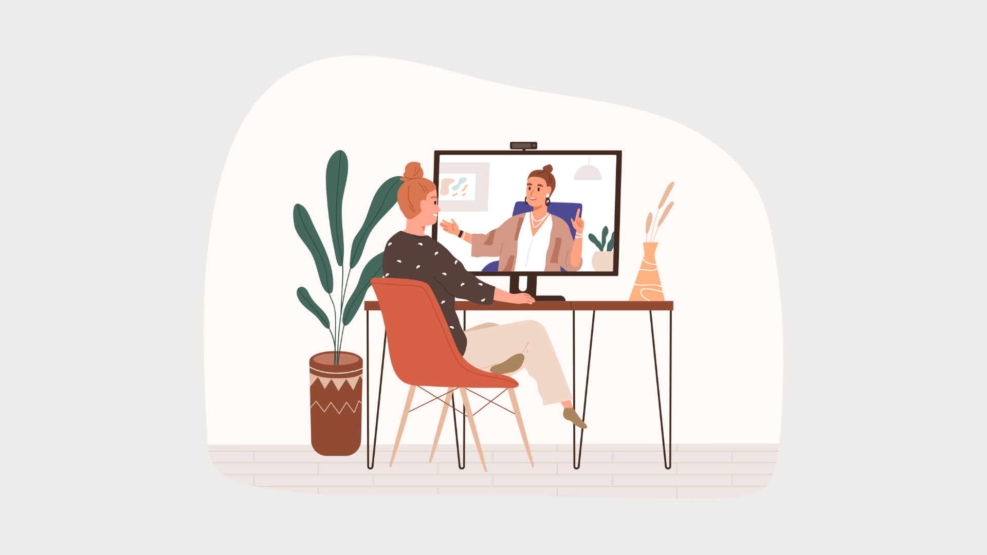Illustration of a woman sitting at a desk, engaging in a virtual coaching session on her computer, symbolizing connection and trust in the coaching process.