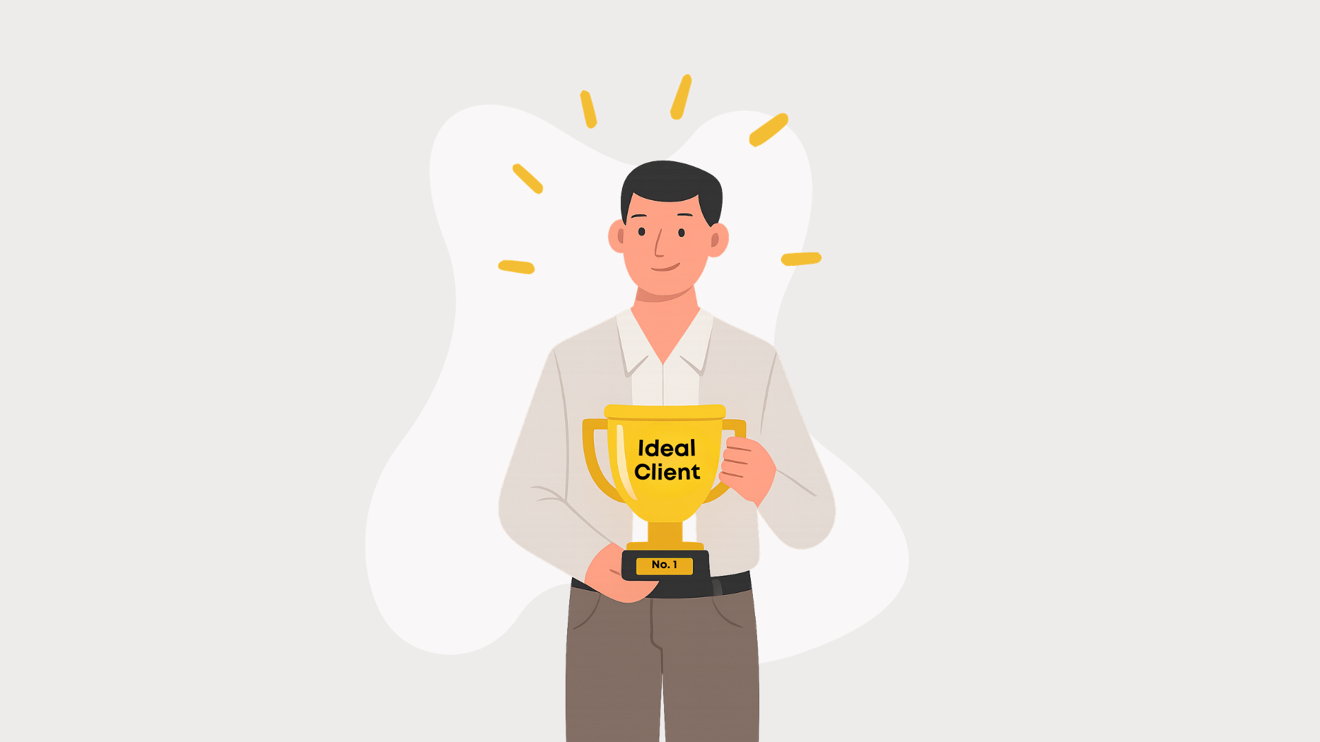Illustration of a smiling person holding a golden trophy labelled 'Ideal Client' with 'No. 1' on the base, surrounded by yellow rays, symbolising success in finding the perfect coaching client.