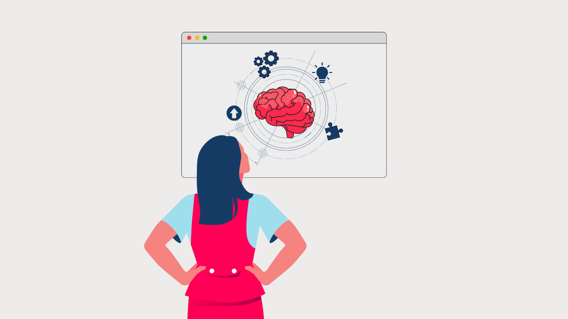 Illustration of a coach observing a digital brain surrounded by icons representing growth, learning, and problem-solving, symbolizing mental models and personal development.