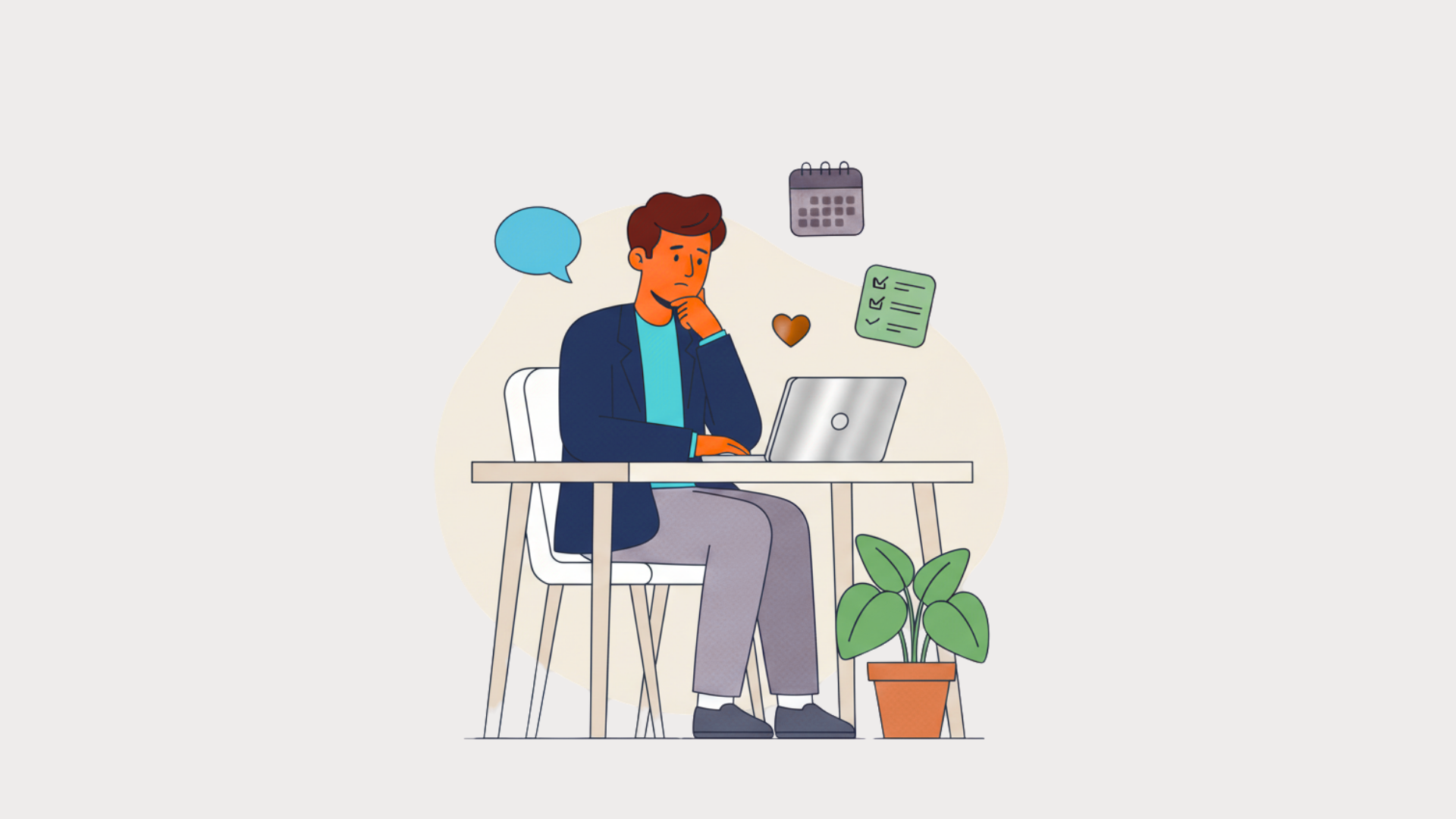 Modern flat vector illustration of a thoughtful coach sitting at a desk with a laptop, notebook, and plant, symbolising introspection and client qualification in the coaching industry.
